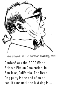 Mike Resnick at the ConJose Dead Dog Party, 2002 World Science Fiction Convention